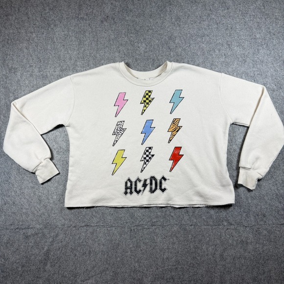 AC/DC Tops - AC/DC Women XS Graphic Lightning Bolt Cropped Sweatshirt Cream Raw Hem Cotton